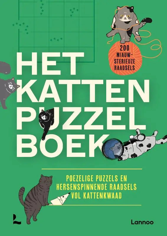 Groen katten puzzelboek met gezellige cartoon katten en titel het kattenpuzzelboek in witte tekst
