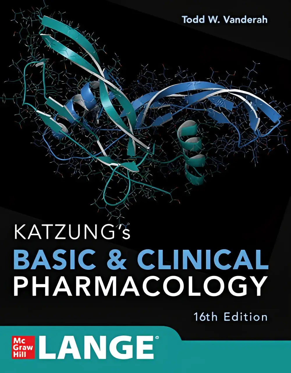 De zestiende editie van katzungs basic and clinical pharmacology boek met zwarte kaft en blauwe molecuulillustratie