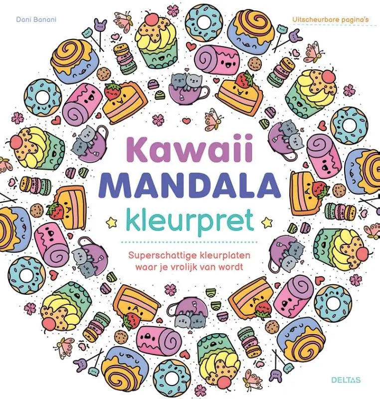 Kawaii mandala kleurpret kleurboek met levendige mandala en schattige pastelkleurige desserts en dieren