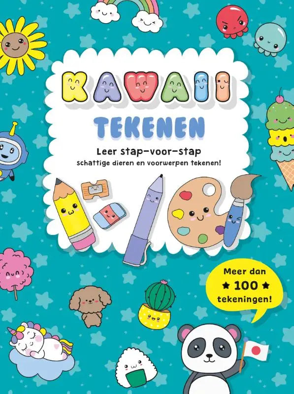 Kawaii tekenen tekenboek met kleurrijke illustraties en stap-voor-stap schattige dieren op turquoise achtergrond