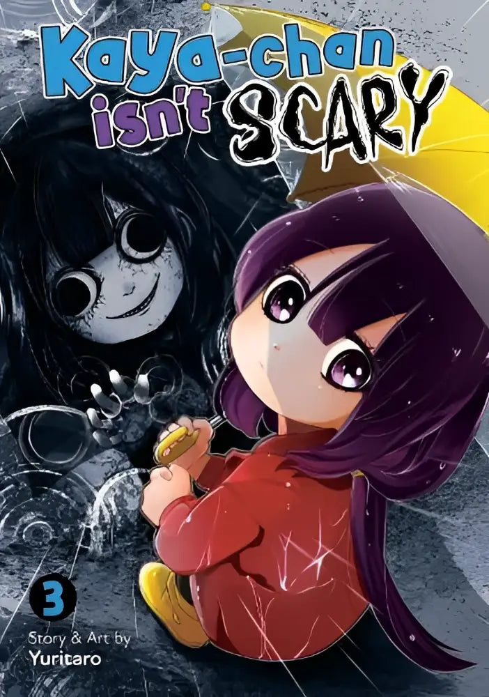 Een levendige rode gewatteerde jas met capuchon gedragen door een cartoonpersonage met paarse haren in kaya-chan isn’t scary vol 3