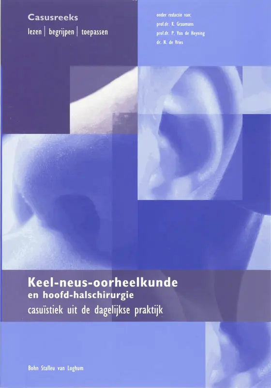 Blauw boekomslag met gestileerde oorillustratie in geometrische panelen voor keel neus oorheelkunde bsl media algemene onderwerpen