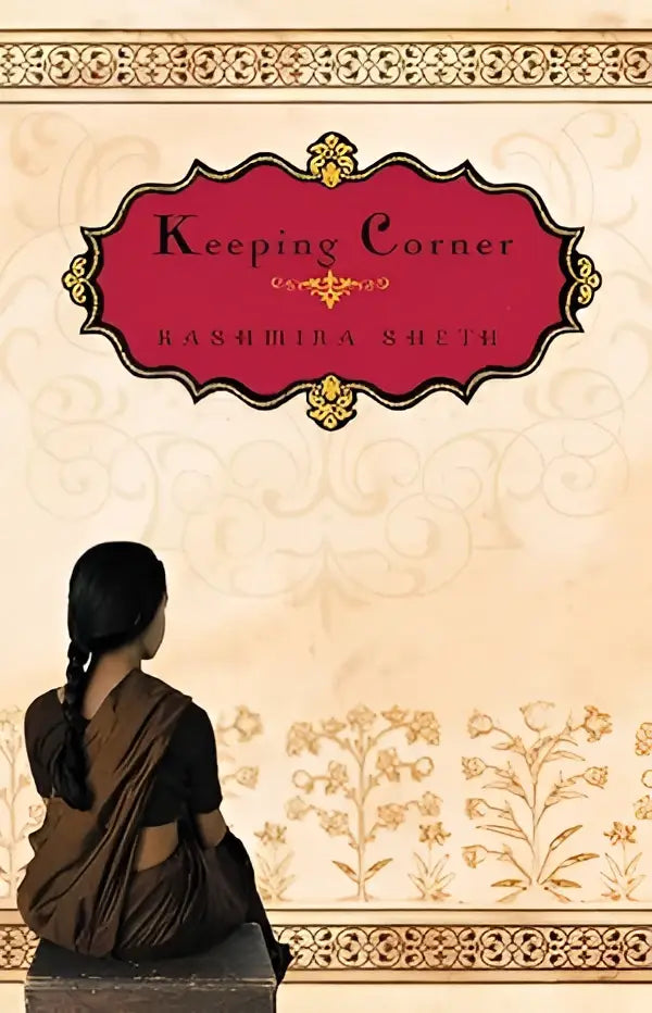 De boekcover van Keeping corner door Kashmira Sheth toont een rode en gouden decoratieve lijst op een crèmewitte achtergrond