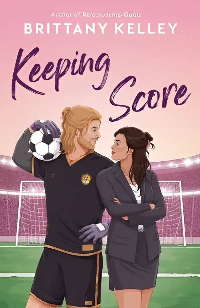 De boekcover van keeping score toont een zwarte keeperstrui met gouden accenten en een zwarte colbert tegen een roze achtergrond