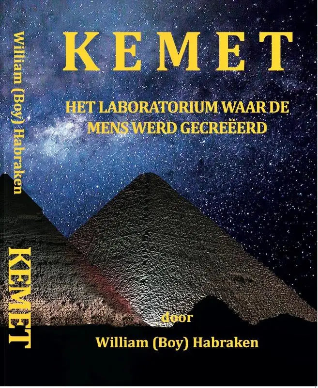 Boekcover van kemet het laboratorium waar de mens werd gecreëerd met donkere sterrennacht en twee pyramides