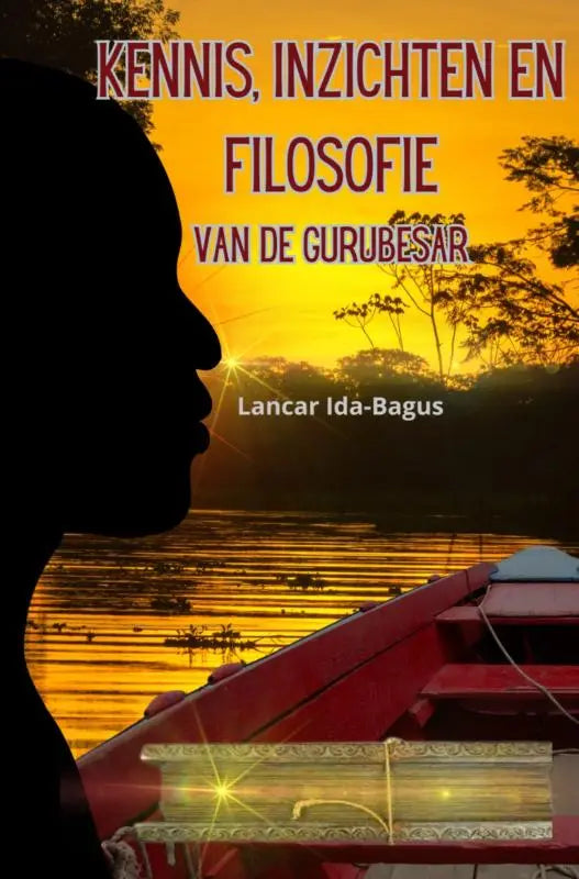 Een gouden, sierlijk boek genaamd kennis inzichten en filosofie van de gurubesar rust op een rode boot