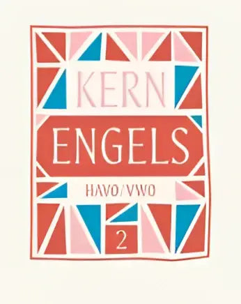 De kern engels boekomslag toont een oranje-rode banner met witte letters en geometrische patronen in rood, blauw en beige