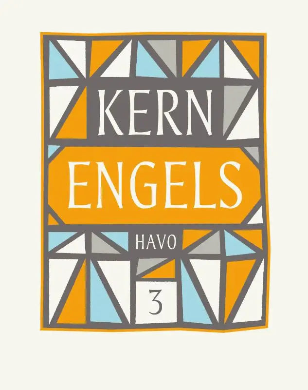 Een geometrisch patroonlogo met witte tekst kern engels op een oranje achtergrond voor het product kern engels