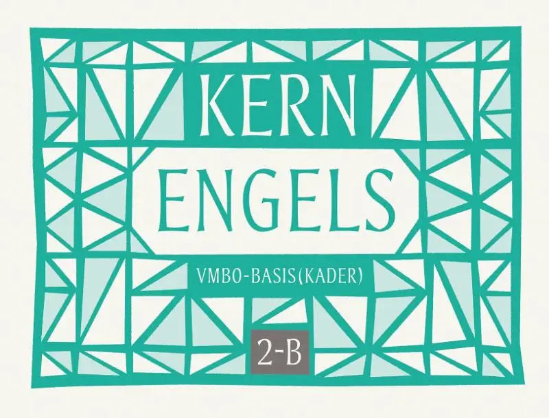 Teal geometrisch kaderde label met kern engels in witte schreefletter en kleinere tekst voor productkern engels