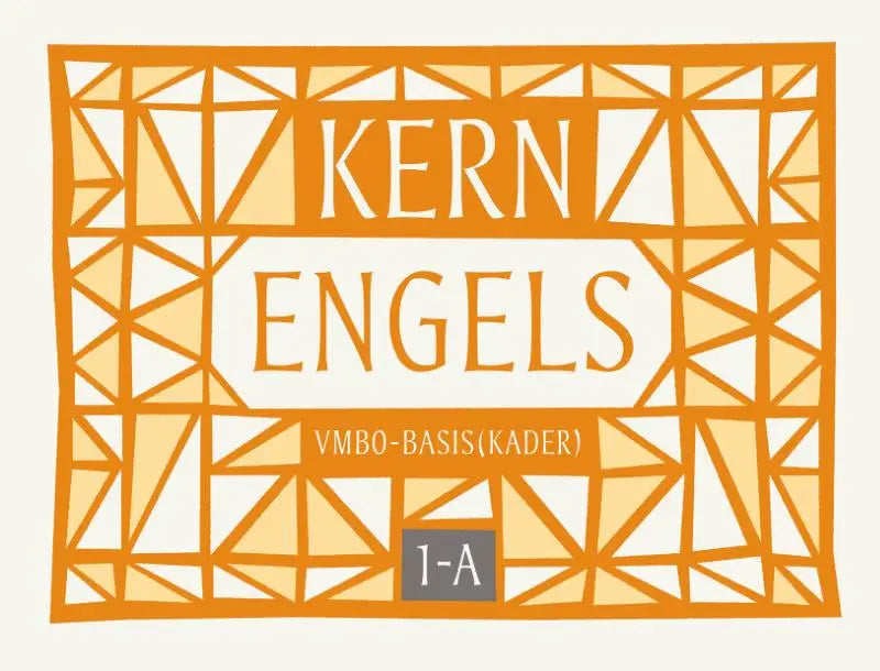 Oranje geometrisch patroon label met kern engels in witte schreefletter op productkern engels