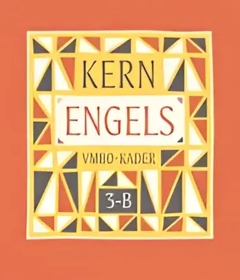 De kern engels boekomslag toont een geometrisch patroon in warme oranje, gele en bruine tinten met de titel kern engels
