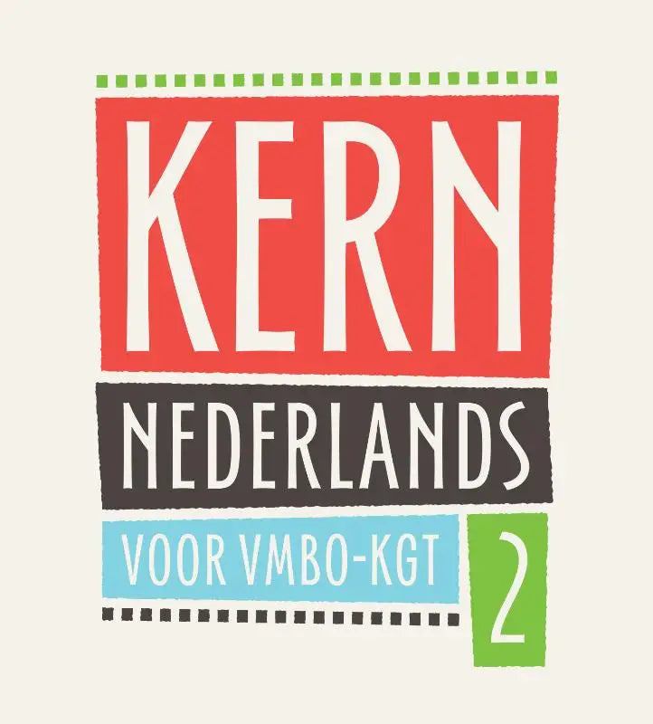Rood, zwart en lichtblauw grafisch logo met witte tekst kern nederlands voor vmbo-kgt 2 op kern nederlands product