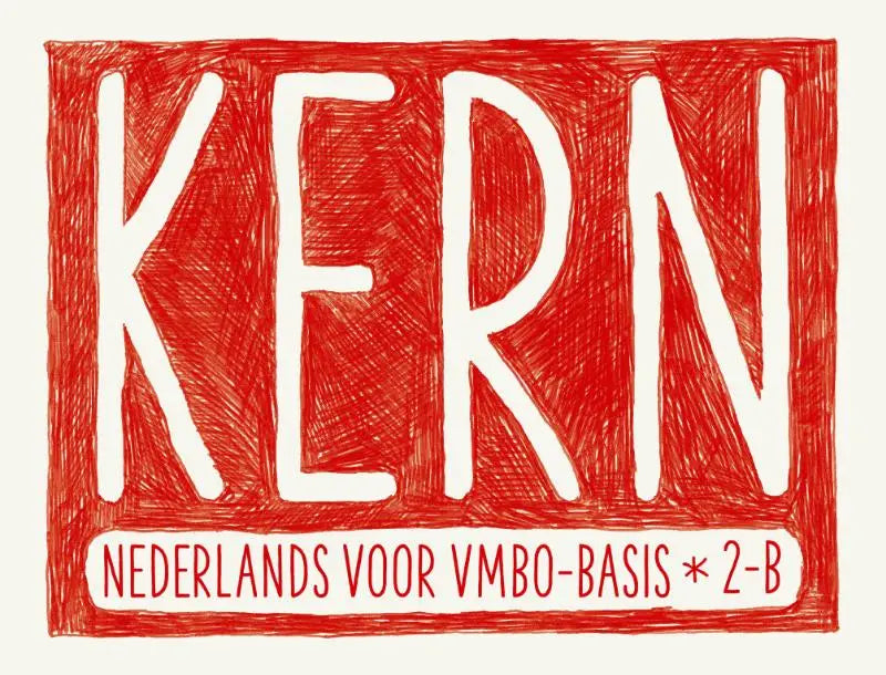 Rode geïllustreerde kern nederlands logo met vetgedrukte witte letters en handgetekende rand voor vmbo-basis use-case