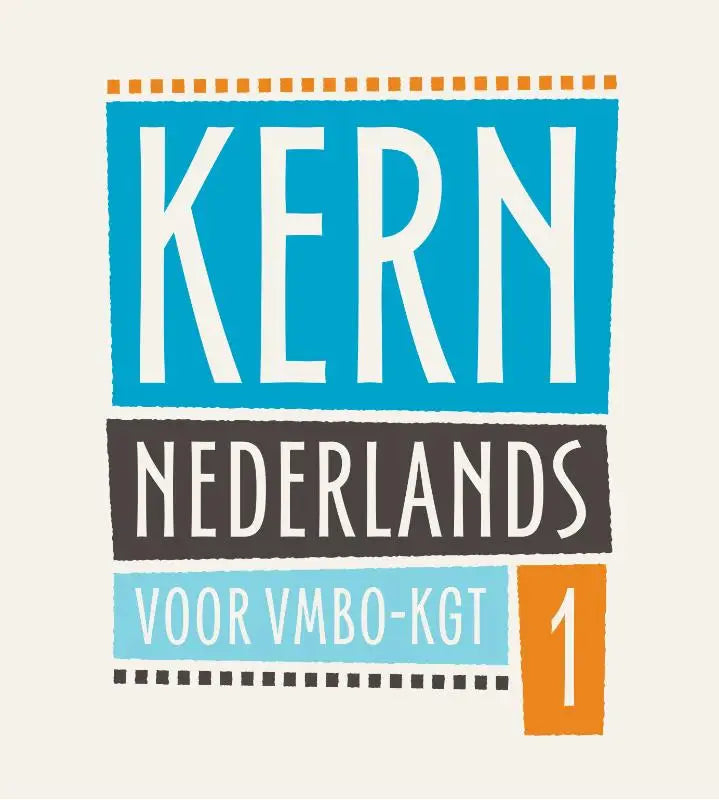 Logo van kern nederlands leerboek met witte tekst op blauwe en donkergrijze blokken met oranje gestippelde rand