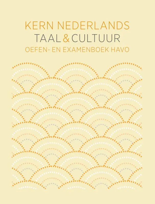Creamkleurig boekomslag met herhalend patroon van goudkleurige en witte bogen voor kern nederlands taal examenboek havo