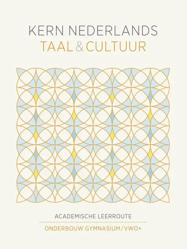 De cover van het kern nederlands taal handboek gymnasium toont een geometrisch patroon in goud en lichtblauw