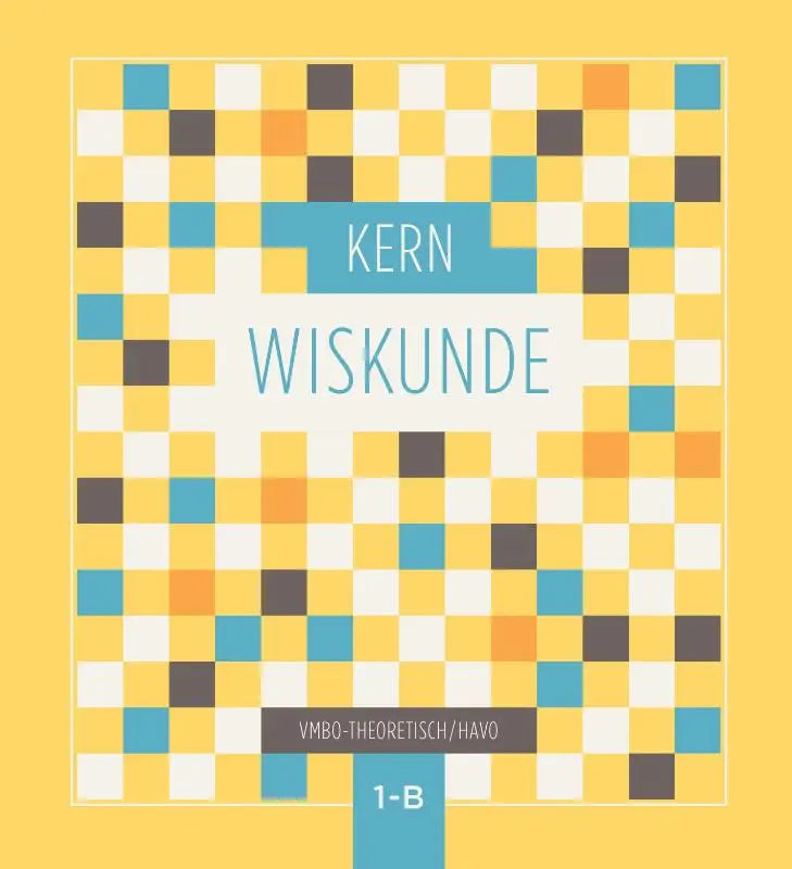 De kern wiskunde boekomslag toont een levendig gepixeld patroon in geel, wit, blauw en bruin met de titel centraal