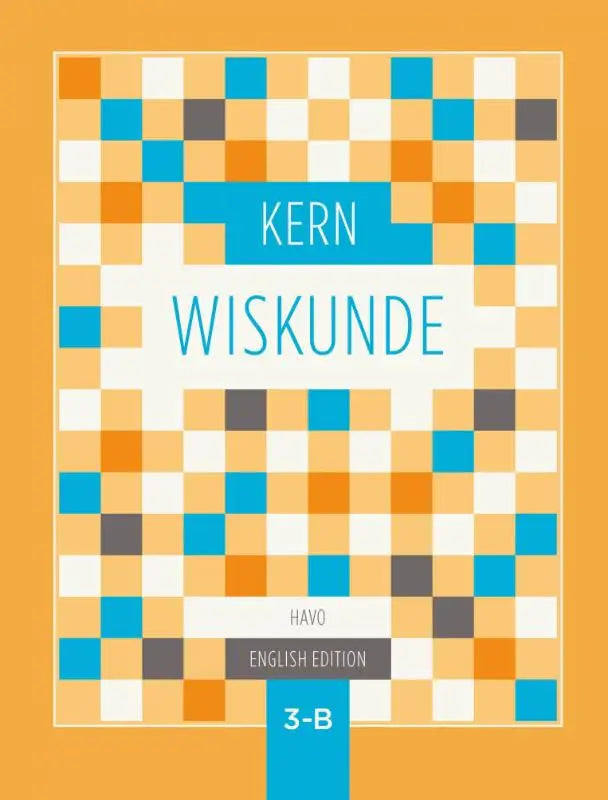 De kern wiskunde boekomslag heeft een moderne pixelontwerp met oranje, blauwe en witte vierkanten in een rasterlayout