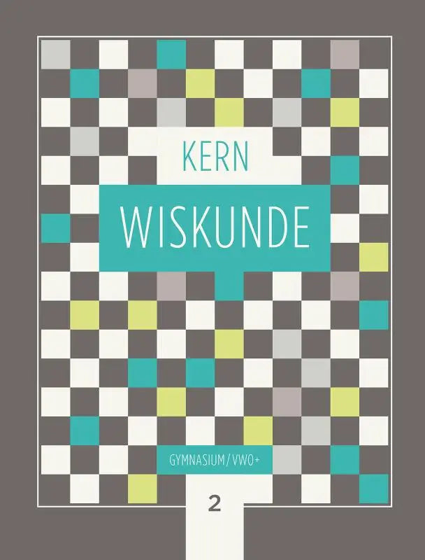 De kern wiskunde boekomslag heeft een modern geruit patroon in teal, limegroen, grijs en wit met een turquoise titelbanner