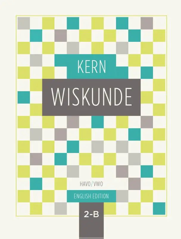 De kern wiskunde boekomslag heeft een modern geometrisch ontwerp met teal, limegroen en grijs op wit