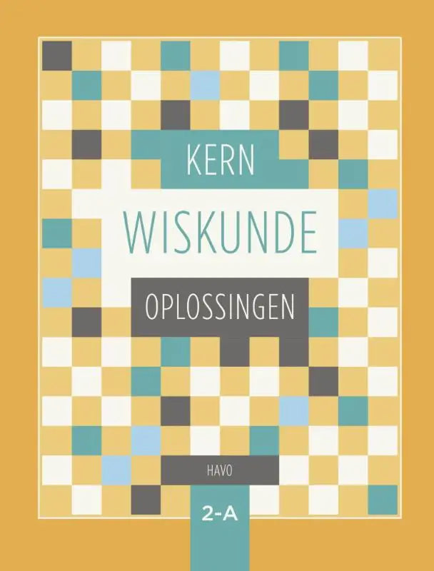 Het boek kern wiskunde heeft een pixelachtig geel, teal en grijs schaakbordpatroon met de titel wiskunde