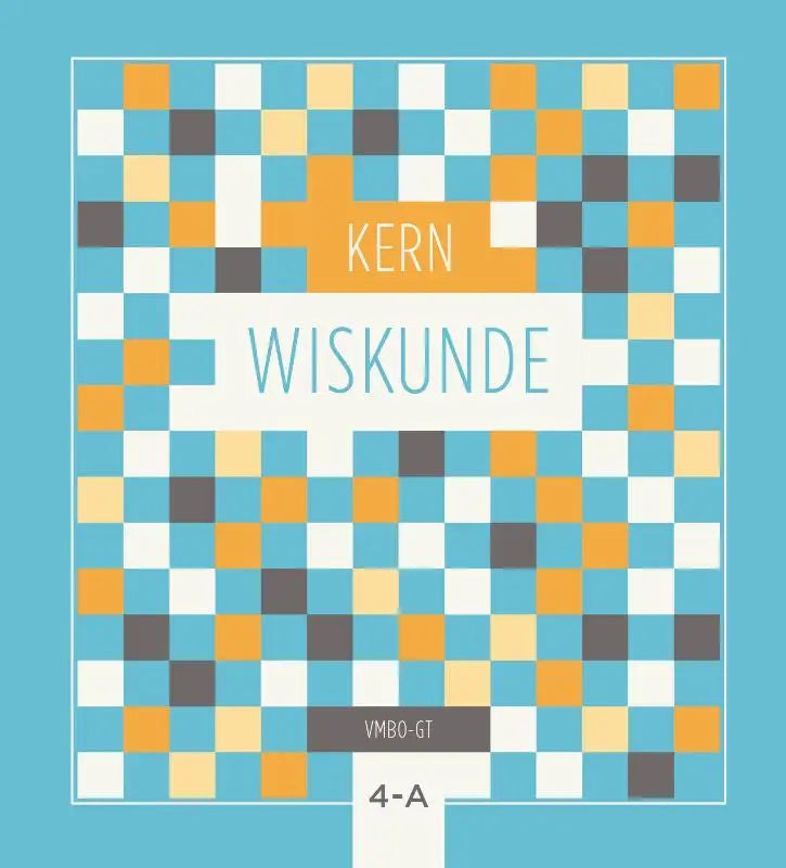 De kern wiskunde boekomslag heeft een modern gepixeld ontwerp met lichtblauwe, oranje en witte vakjes op een teal achtergrond