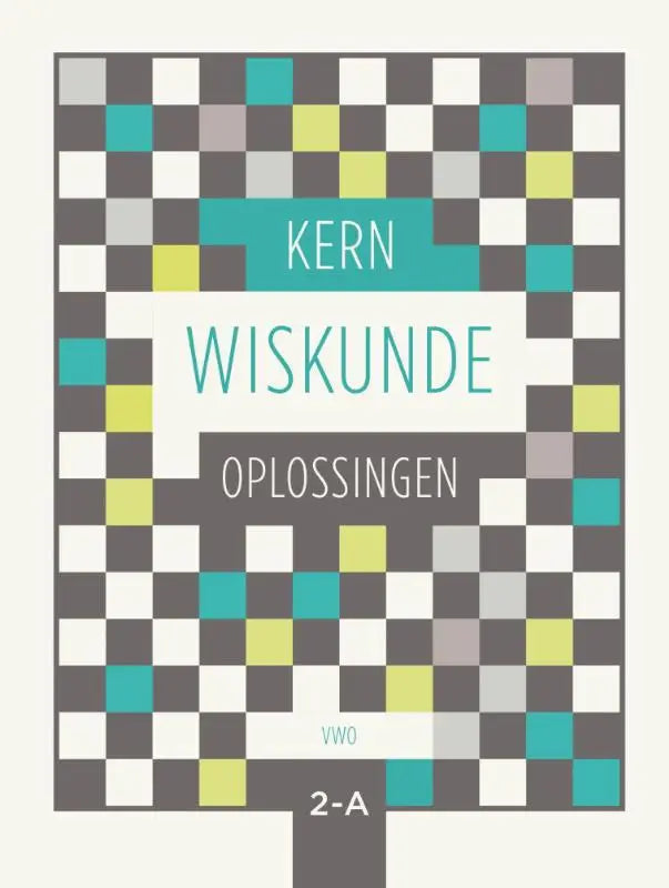 De kern wiskunde boekcover toont een modern geometrisch ontwerp met teal, limegroen, grijs en wit gekleurde vierkanten