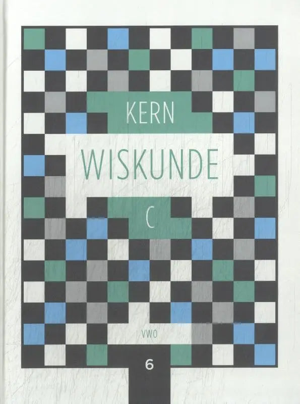 Boek cover van kern wiskunde met zwart-wit dambordpatroon en groene banden met witte tekst wiskunde c