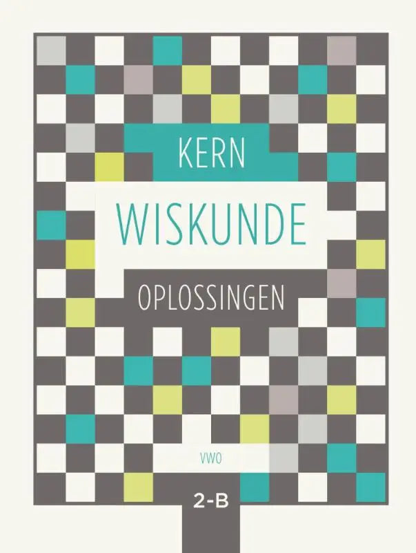 De boekcover van kern wiskunde toont een modern ruitjespatroon in teal, limegroen, grijs en wit met de titel wiskunde