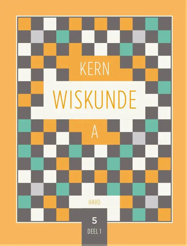 De kern wiskunde boekomslag toont een pixelachtig dambordpatroon in oranje, teal, grijs en wit met titel nadrukkelijk zichtbaar