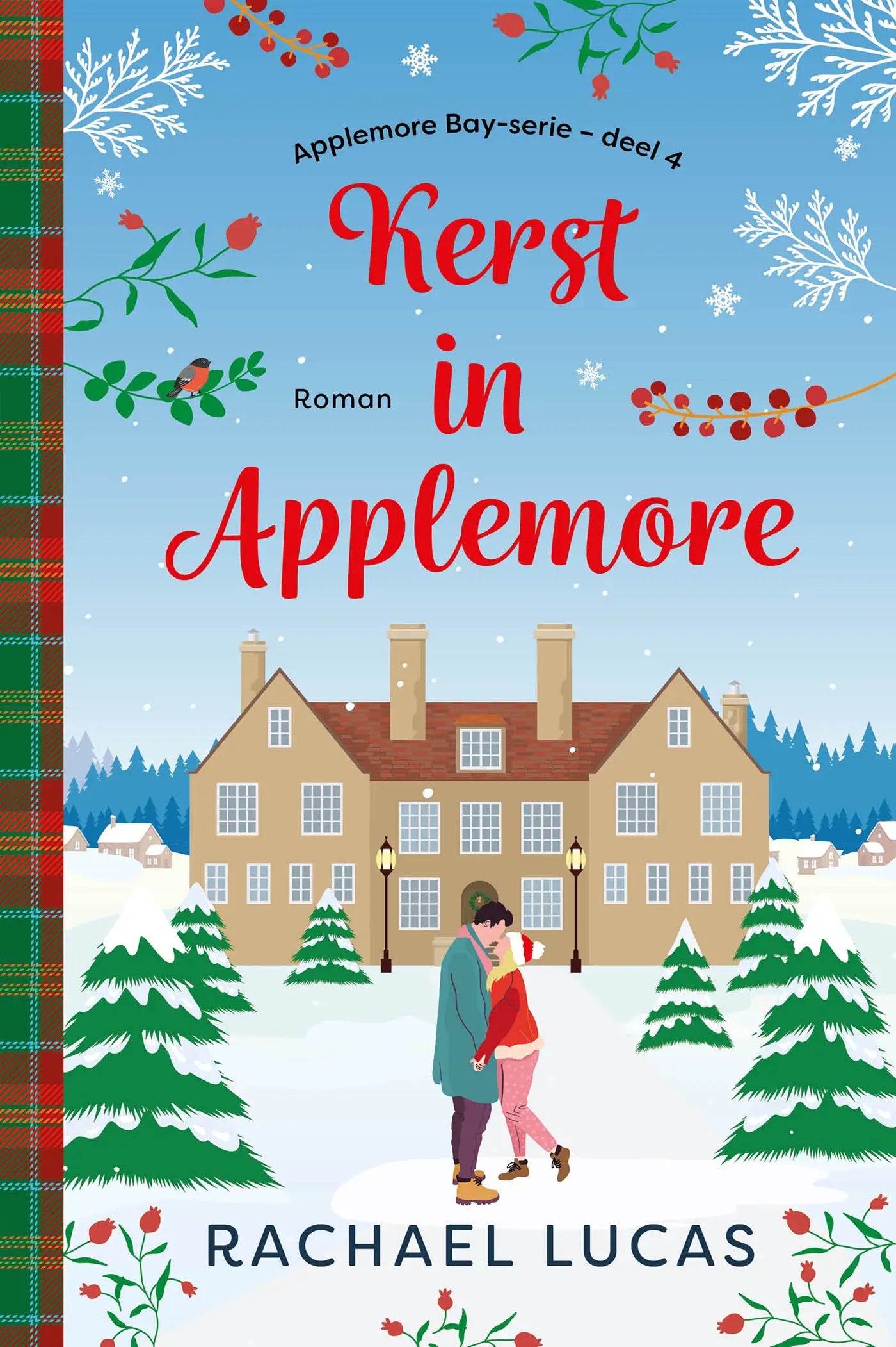 Festieve rood-witte omslag van het nederlandstalige kerstromanceboek kerst in applemore bay door rachael lucas met een winters dorp en twee wandelaars