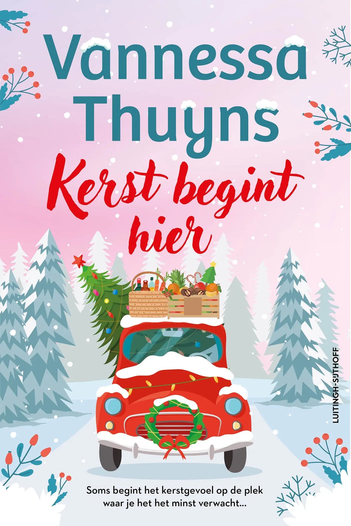 Rood vintage kersttruck met feestelijke krans en decoraties op het dak in kerst begint van vannessa thuyns populaire fiction algemeen