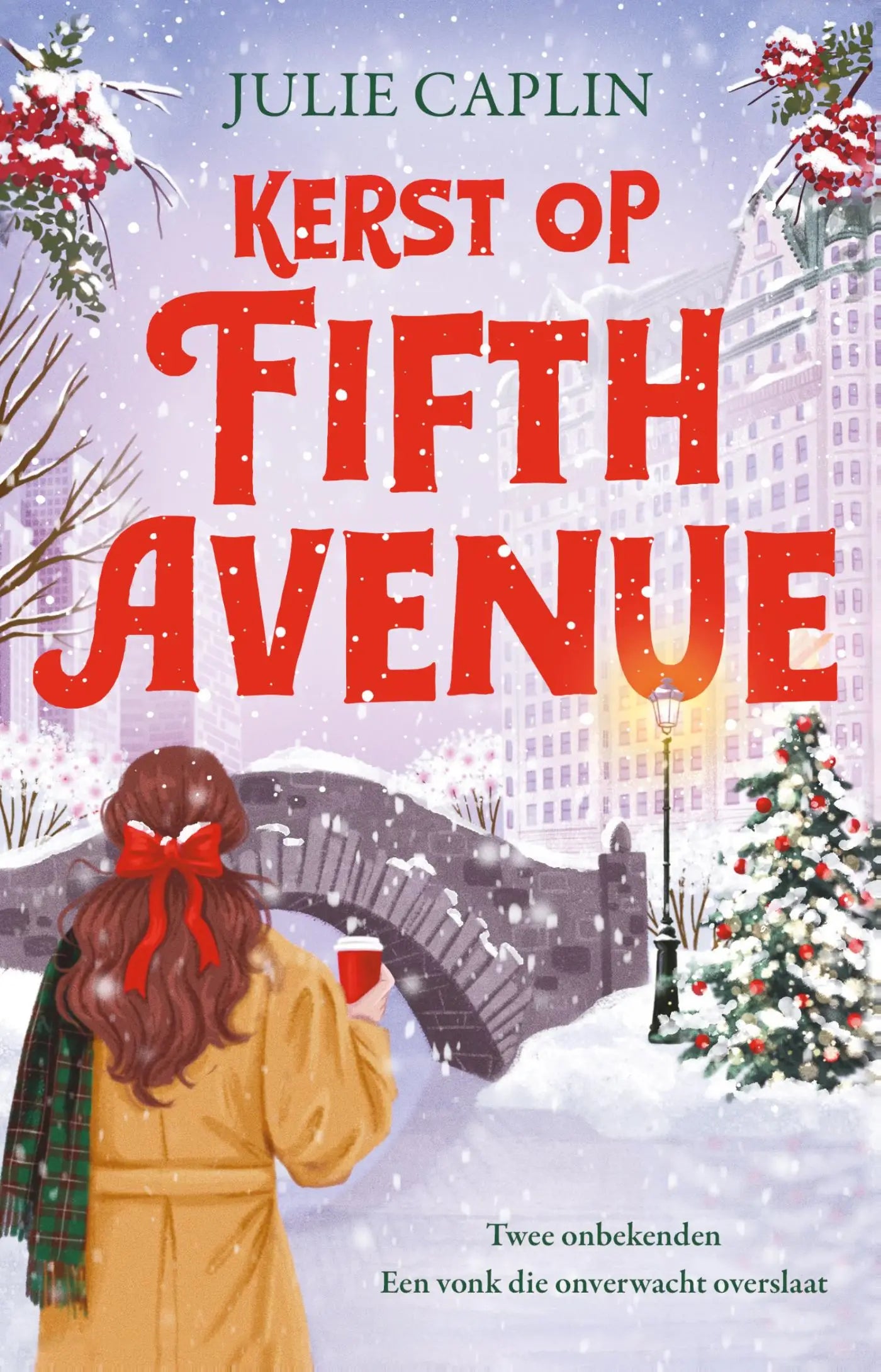 Feestelijke boekcover kerst op fifth avenue met vrouw in mosterdgele jas en rode strik voor een sneeuwachtige new york-sfeer
