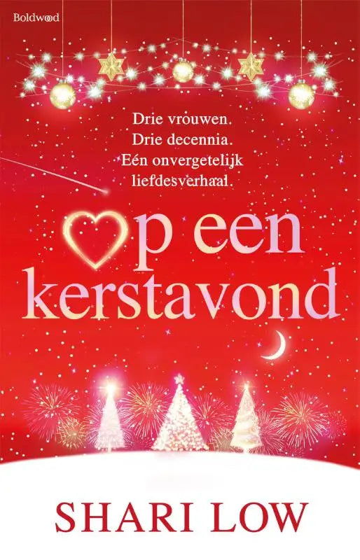 Rode boekband van op een kerstavond met feestelijke kerstbeelden voor een nederlandstalige feelgood kerstroman van shari low