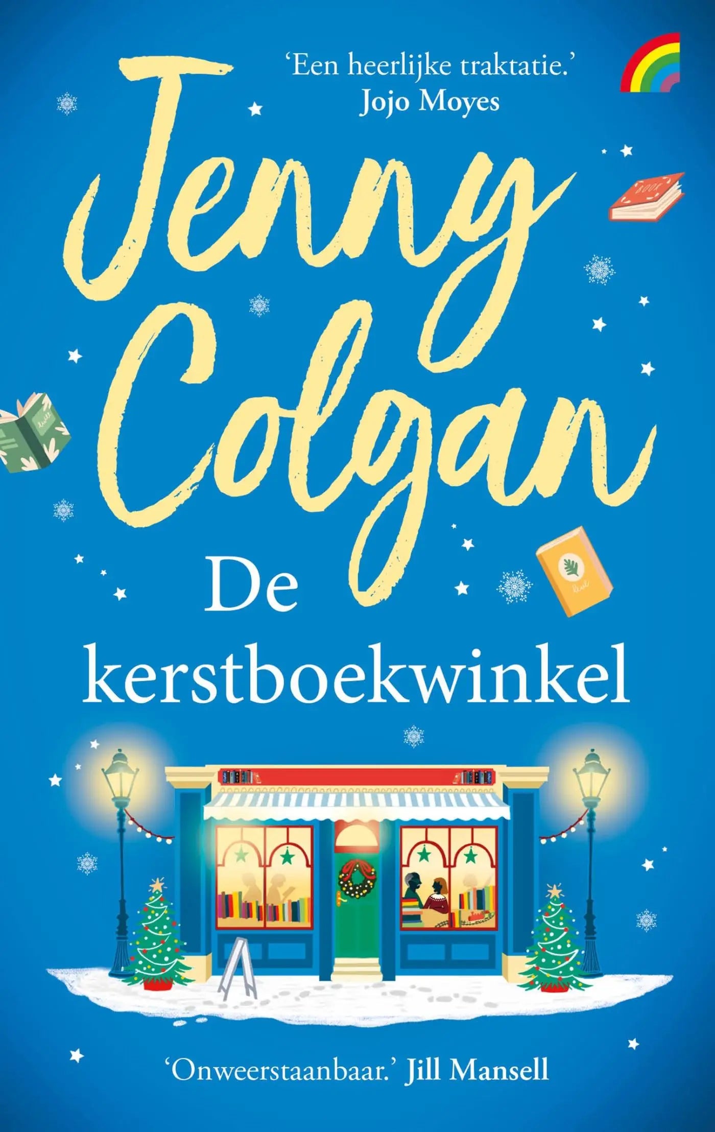 Blauwe boekomslag van de kerstboekwinkel met sfeervolle kerstboekhandel illustratie voor een nederlandstalige feelgood kerstroman van jenny colgan