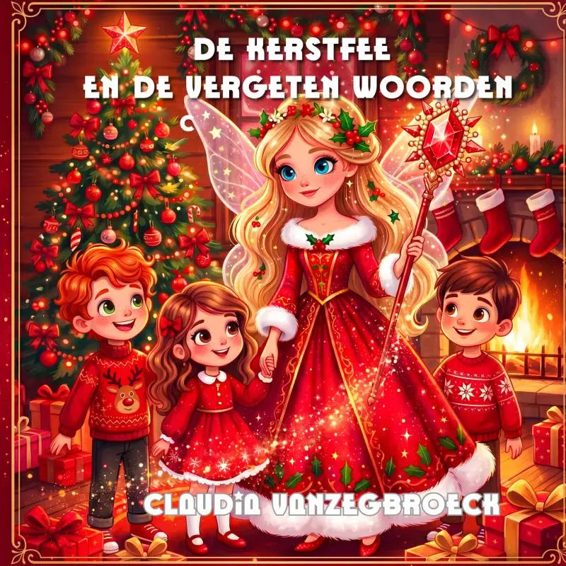 Een feestelijk rood kerstboek voor jonge lezers met een fee in een glinsterende jurk en holly accent getiteld de kerstfee en de vergeten woorden