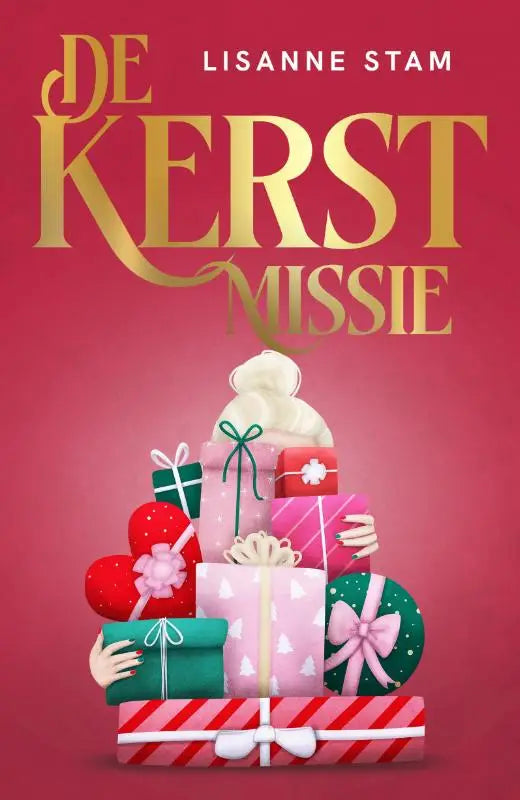 Een vibrant rode en gouden boekcover van de nederlandstalige kerstromance de kerstmissie van lisanne stam met winterse sfeer en kleurrijke cadeaus