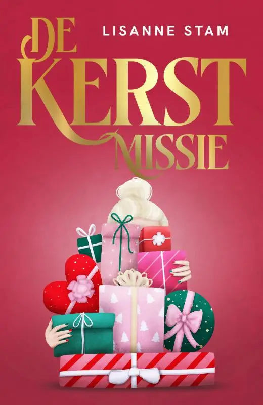 Vibrante rode boekcover van de kerstmissie door lisanne stam met gouden letters en kleurrijke kerstcadeaus voor een nederlandstalige kerstromance in een winterse sfeer