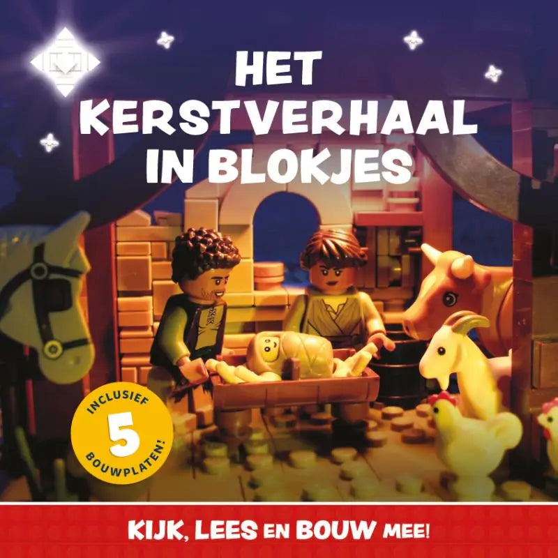 Lego kerstverhaal boek met kleurrijke plastic figuren en dieren in een blokkenstal om jonge lezers bouw mee te stimuleren