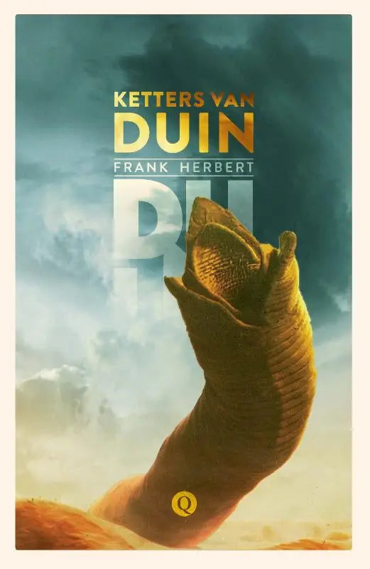 De cover van het science fiction boek ketters van duin van frank herbert toont een grote goudbruine gesegmenteerde schubachtige wezen