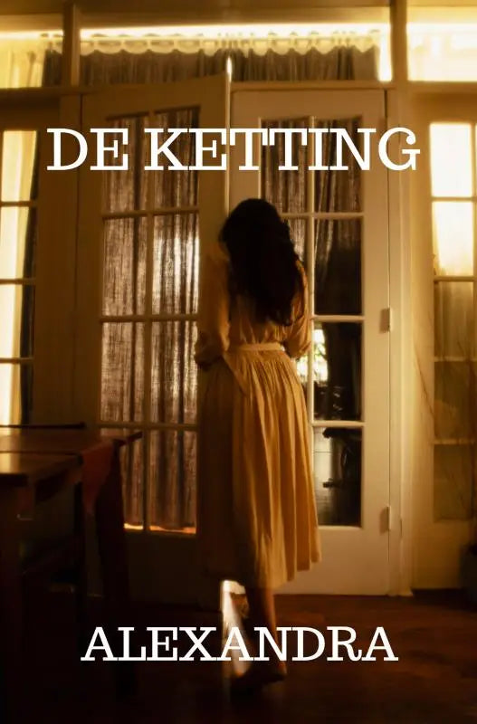 Een vrouw draagt de achterkant van de ketting jurk in licht beige met vloeiende stof voor een warme sfeer