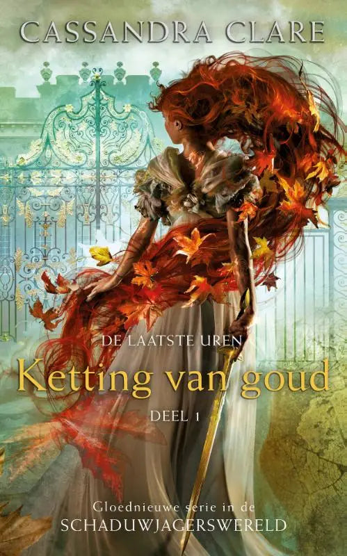 Vrouw met vloeiend rood haar in witte jurk met herfstbladeren houdt zwaard ketting van goud cassandra clare laatste uren