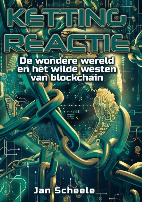 Boekcover van kettingreactie met teal en gouden kettingen en circuitpatronen voor wilde westen en wondere wereld thema