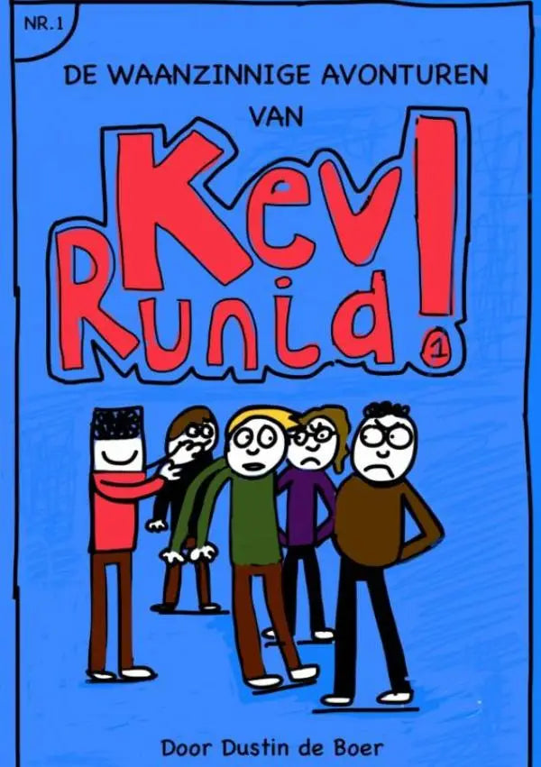 Blauw comicboekcover van kev runia met de waanzinnige avonturen en cartoonillustraties voor jonge lezers