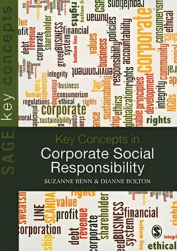 De boekcover van key concepts in corporate social responsibility door suzanne benn en dianne bolton toont overlappende woorden over social responsibility op een donkere achtergrond
