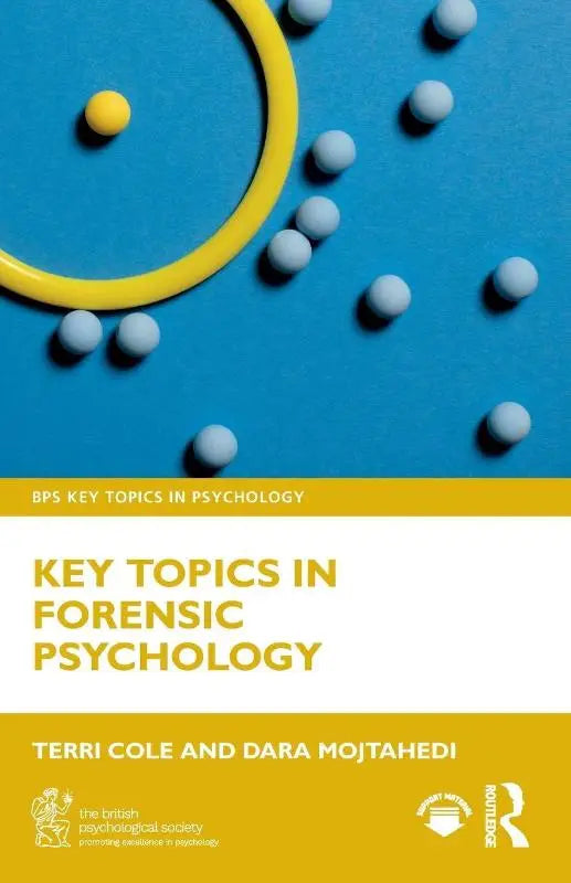 Boekomslag key topics in forensic psychology met een blauw vlak, witte en gele bollen en een geel ringvormig element