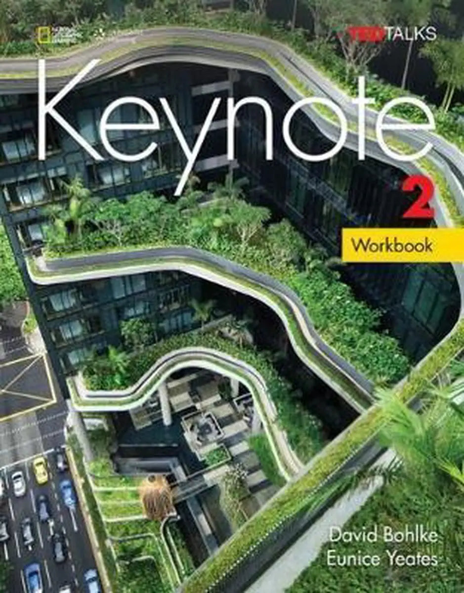De cover van de keynote 2 a2-b1 workbook toont een moderne groene cursus met intertaal en weelderige begroeiing