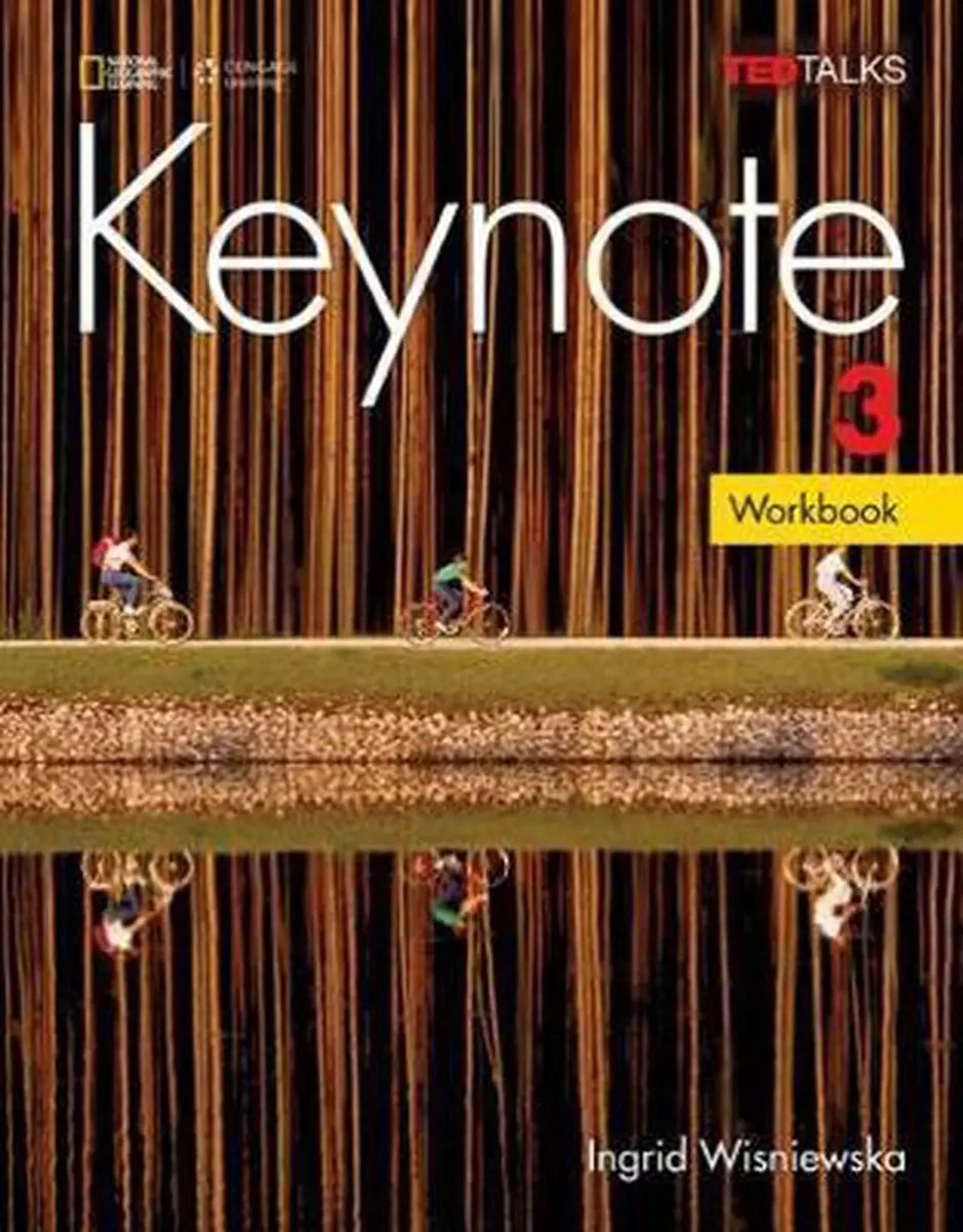 De cover van de keynote 3 b1-b2 workbook door ingrid wisniewska met drie fietsers en goudbruine strepen