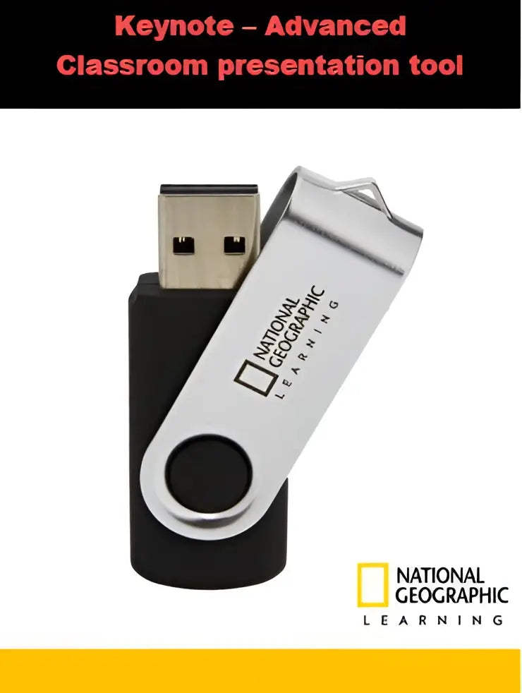 Silver en zwarte swivel usb flashdrive met national geographic learning branding als betrouwbaar geavanceerd klaslokaal presentatiehulpmiddel