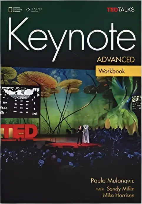 De cover van de keynote advanced workbook door paula mulanovic toont een levendige ted talk stage scène met publiek